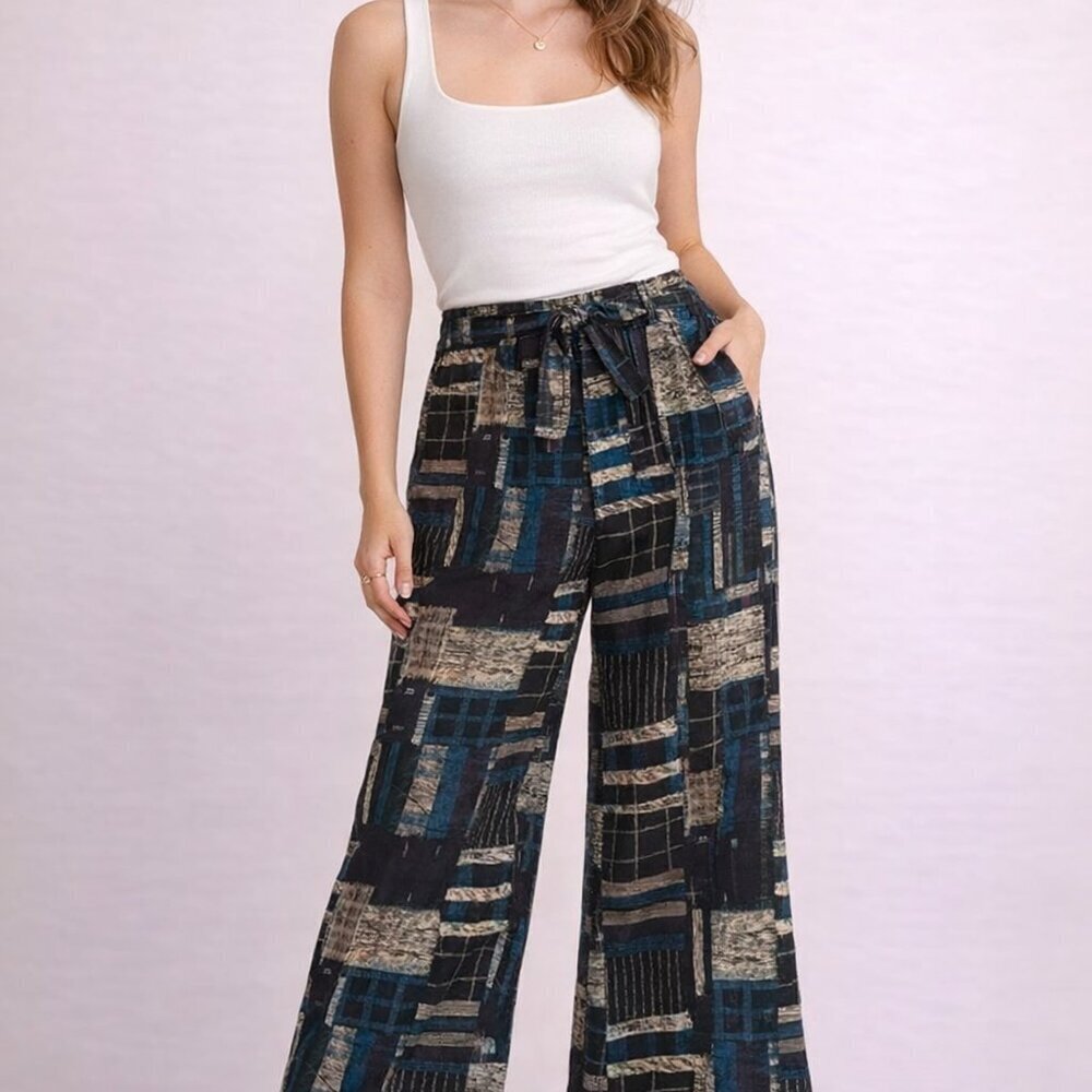 ModCloth Savannah Wide Leg Pants Medium Plaid Belted High Rise Flowy